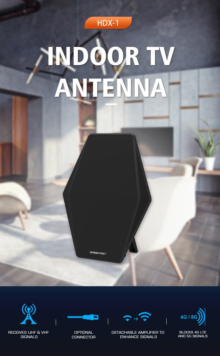 Slim indoor TV antenna showcasing the detachable amplifier and signal filtering.