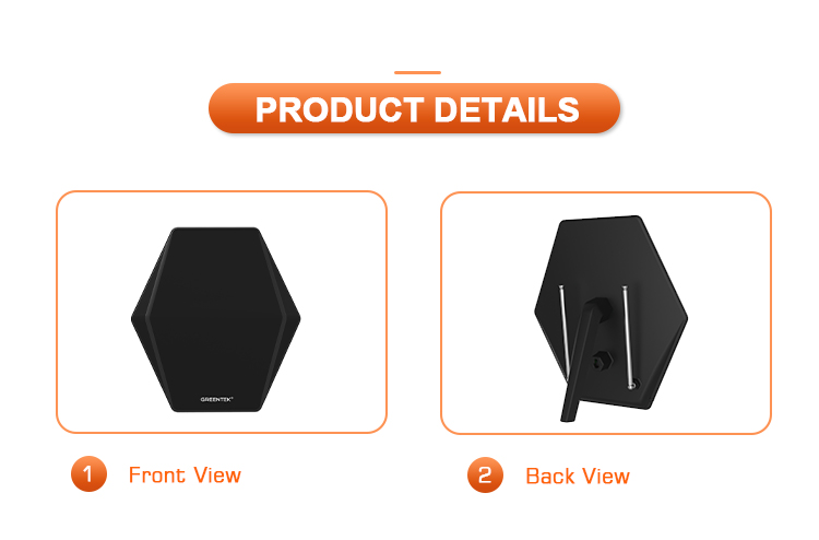 Front and back view of the slim hexagonal TV antenna.
