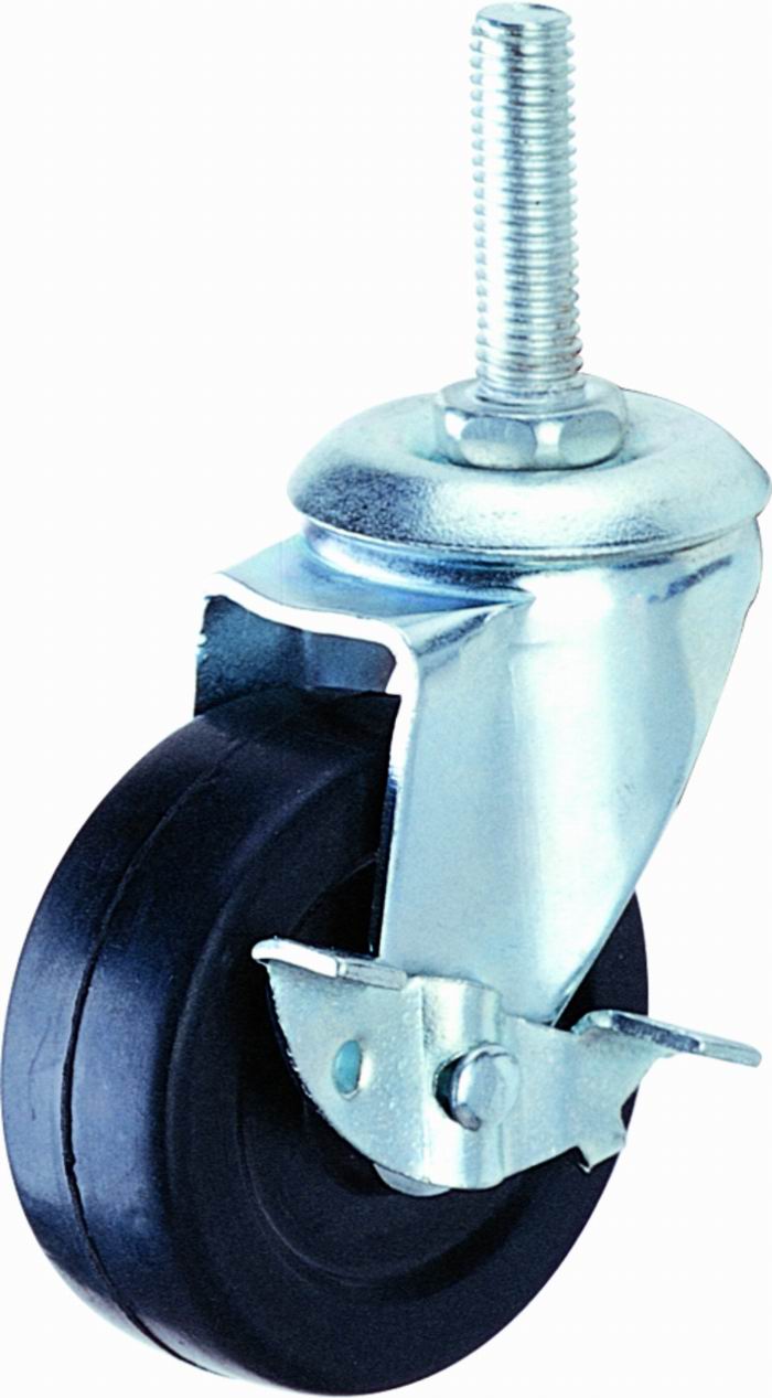 Small Rubber Caster with Threaded Stem Side Brake - Image 2