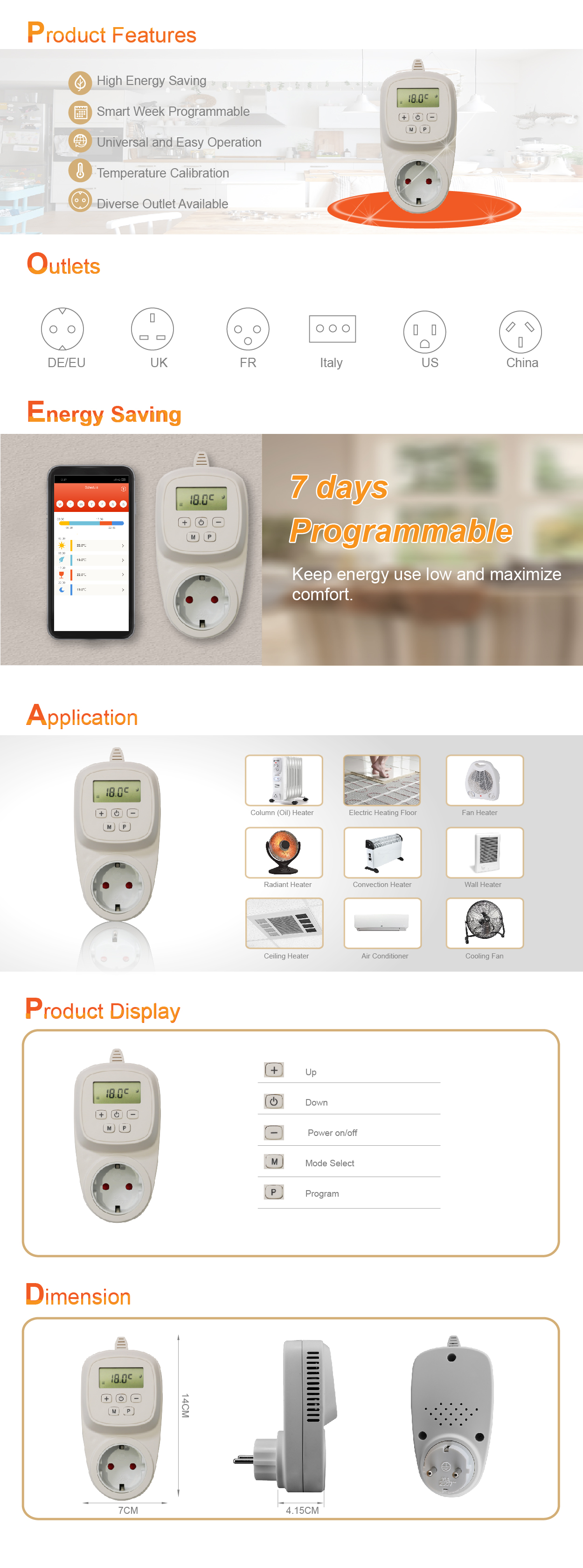 Smart thermostat features and dimension overview