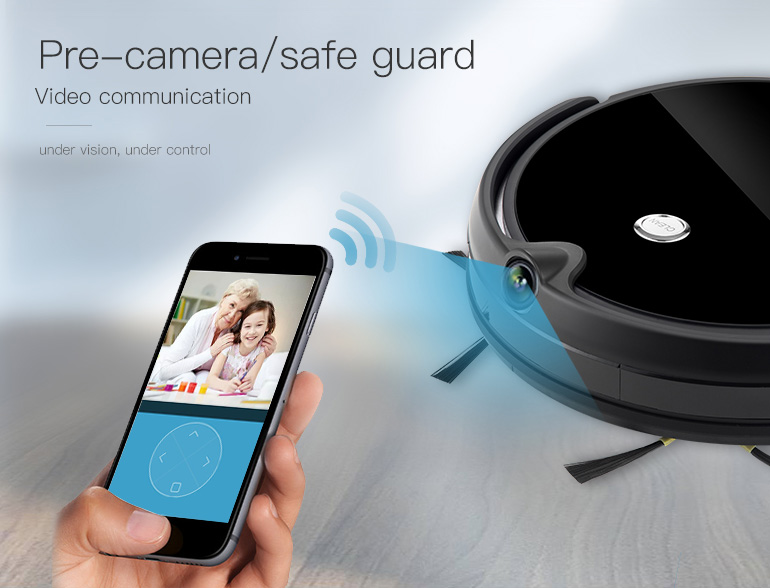 Robot vacuum with HD camera and mobile app interface showing directional controls