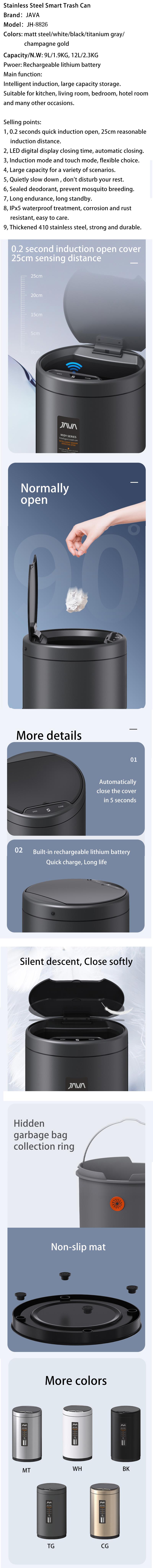 Smart stainless steel trash can overview showing color options and features