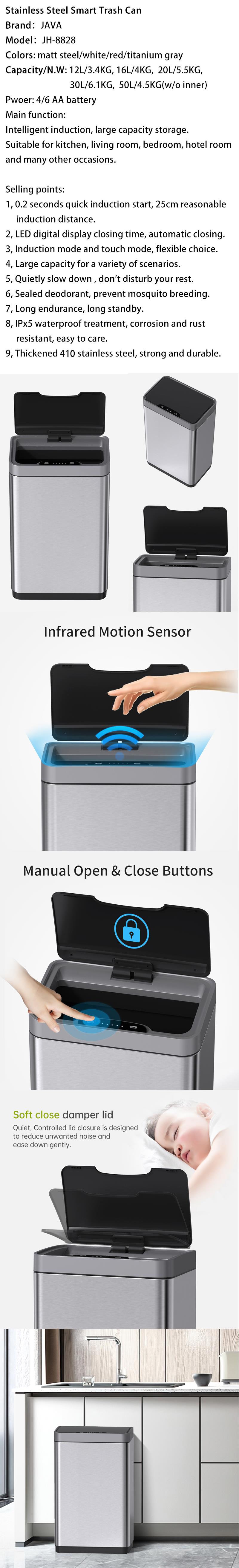 Stainless Steel Smart Trash Can with various color options and technical specs