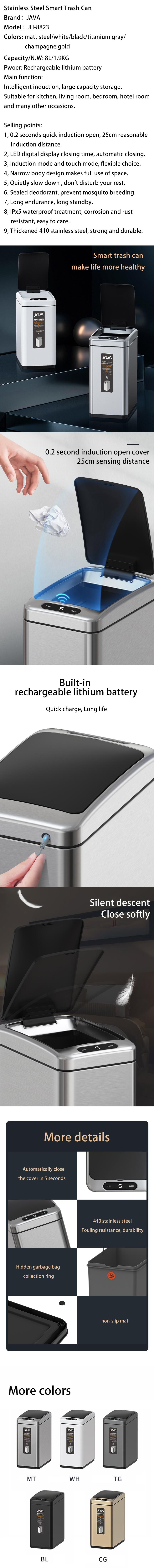Stainless steel smart trash can showing design and features