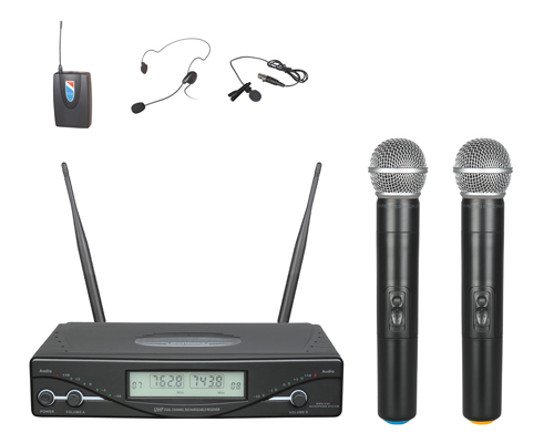 Dual-Channel Wireless Microphone System with Handheld, Bodypack, Headset, and Lavalier Mics