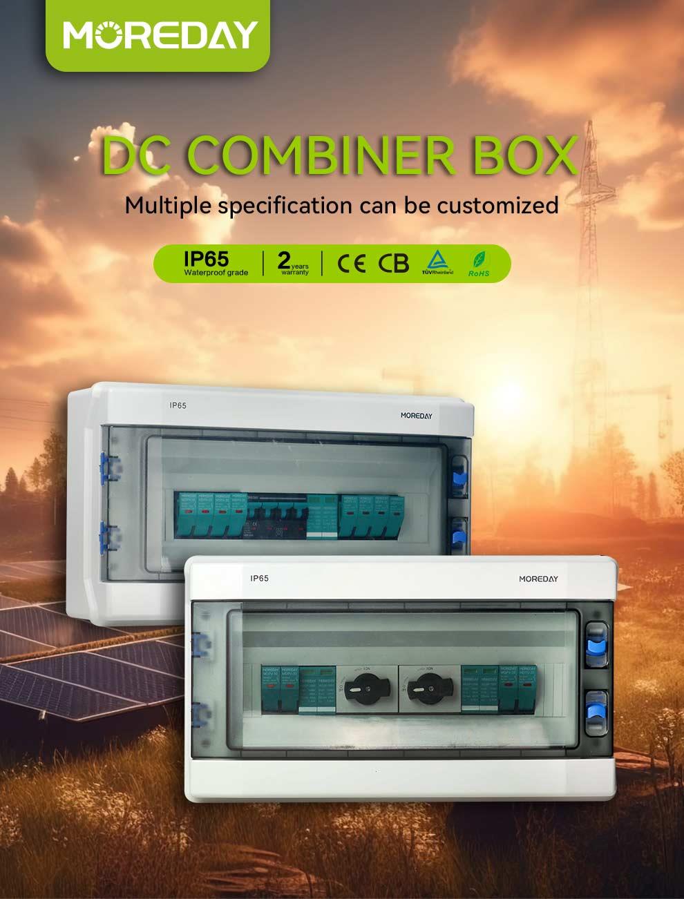 Front view of the solar combiner box with technical features listed