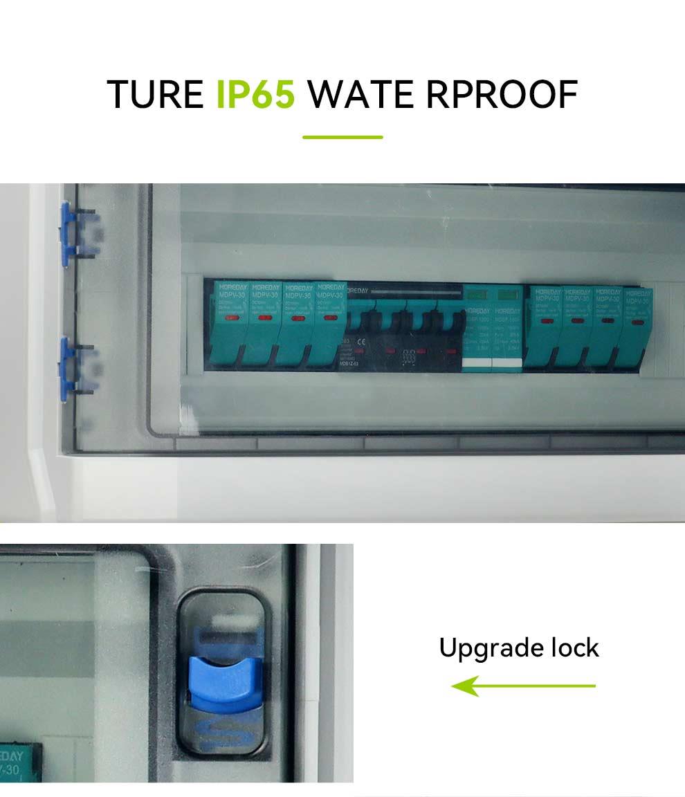 IP65 rated solar combiner box showing internal layout