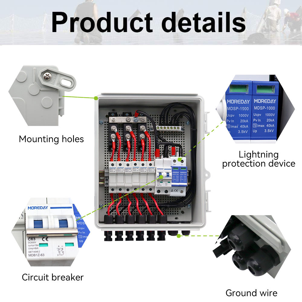 Internal view of the PV combiner box showing circuit breakers and surge protection