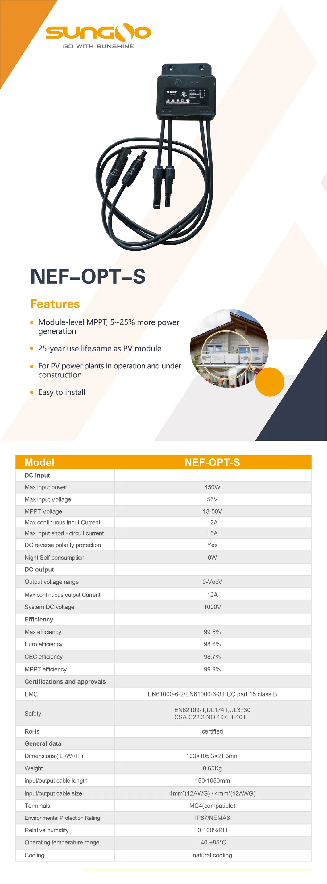 Technical specification sheet for solar optimizer