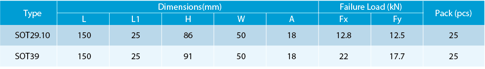 Diagram showing dimensions and technical specifications for SOT29.10 and SOT39 hooks.