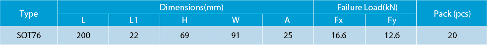 Technical diagram showing the SOT76 hook dimensions and load specifications