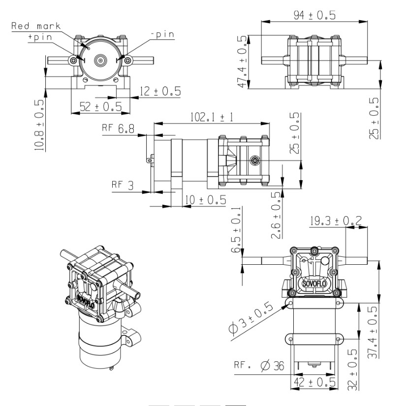 Technical dimension drawing of the pump
