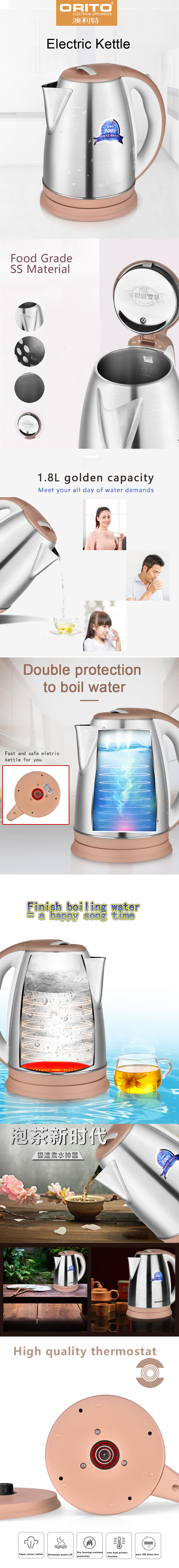 Stainless steel electric kettle with colored accents showing rapid boil features