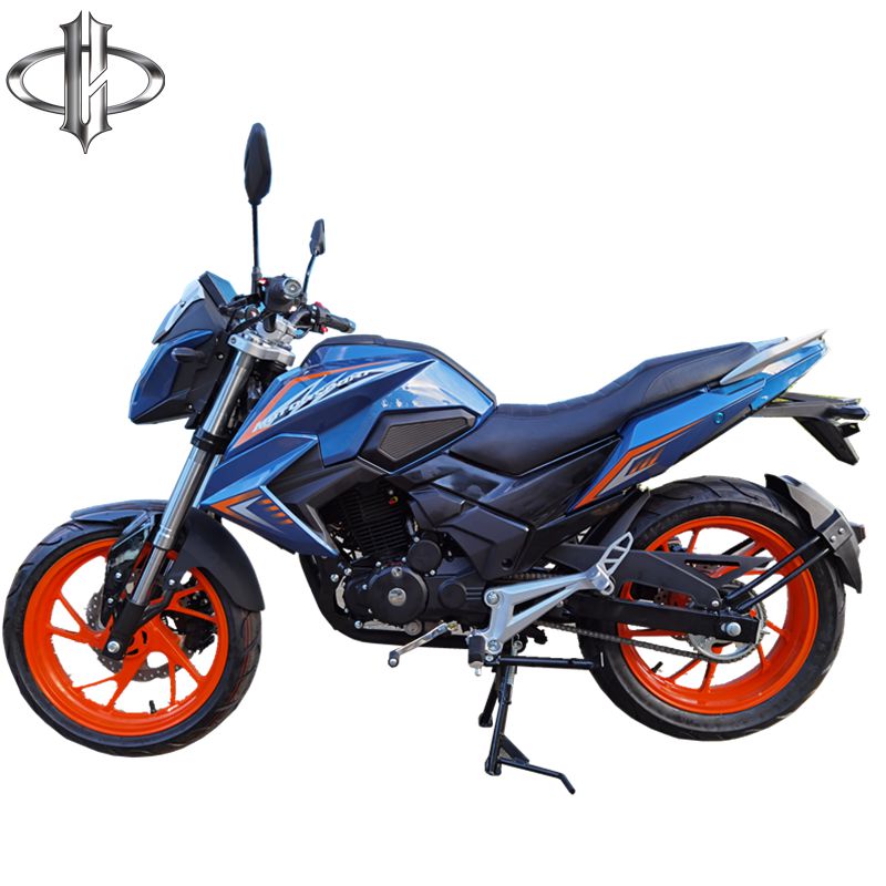 Full view of the blue and orange sport motorcycle