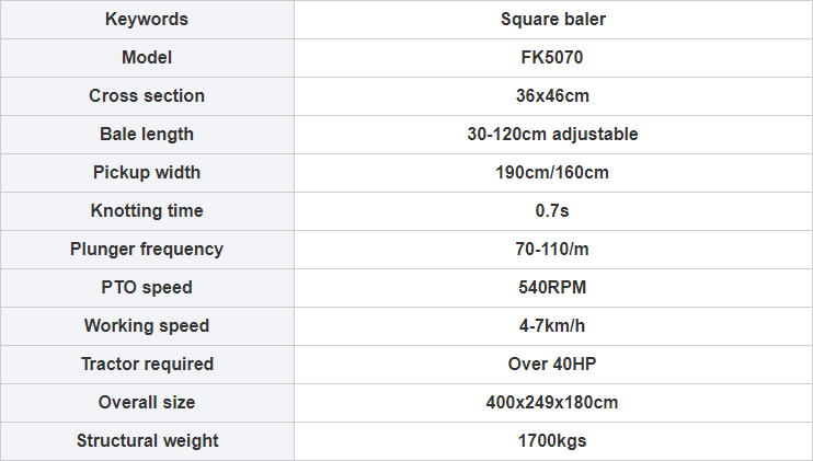 Technical diagram and overview of the FK5070 square baler