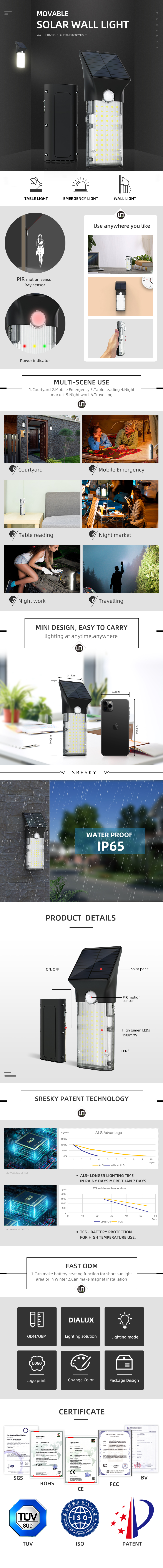 Infographic showing the 3-in-1 portable solar light's versatile applications and technical features.