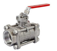 Three-piece stainless steel ball valve with threaded ends and lever handle.