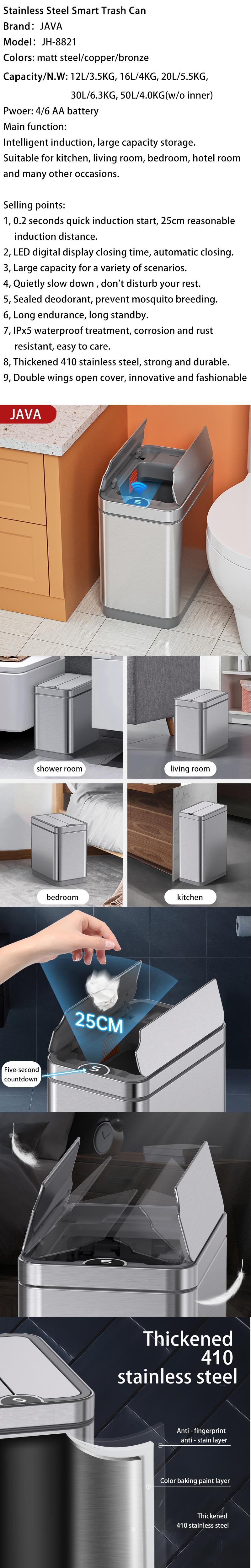 Smart stainless steel trash can with double-wing lid mechanism