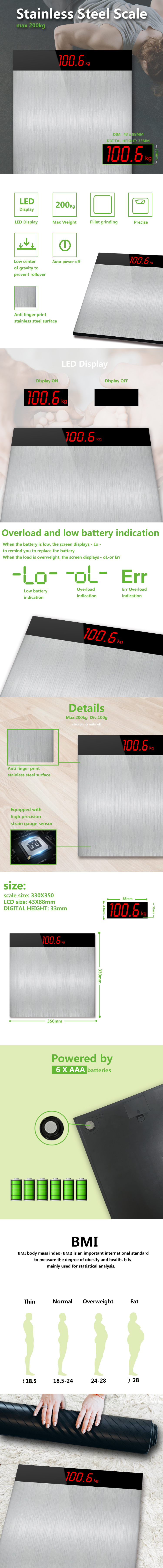 Stainless steel body weight scale featuring technical dimensions and feature overview