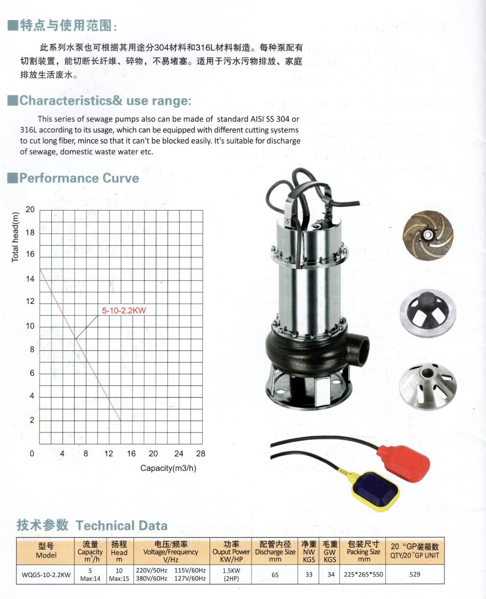 Stainless Steel Submersible Sewage Pump with Cutter