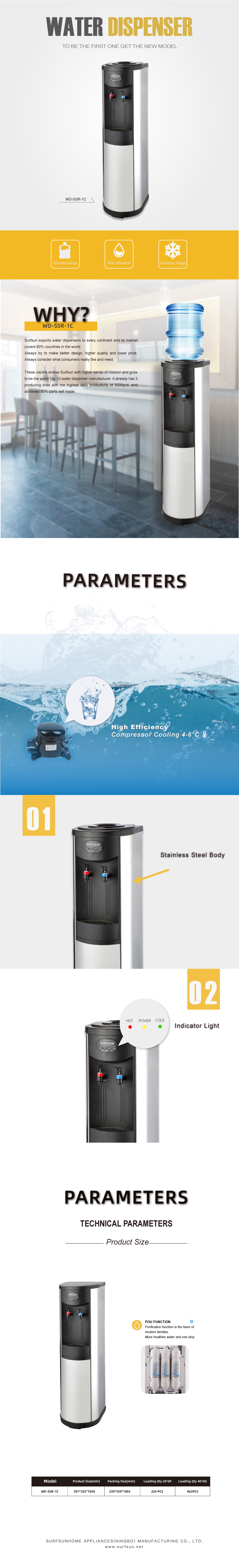 Stainless steel water dispenser unit with indicator lights