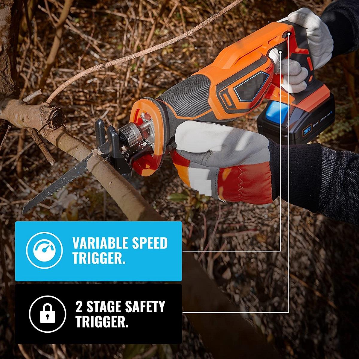 Reciprocating saw showing variable speed and safety trigger features