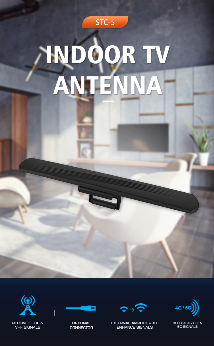 Indoor antenna features including UHF/VHF reception and 4G/5G filtering technology.