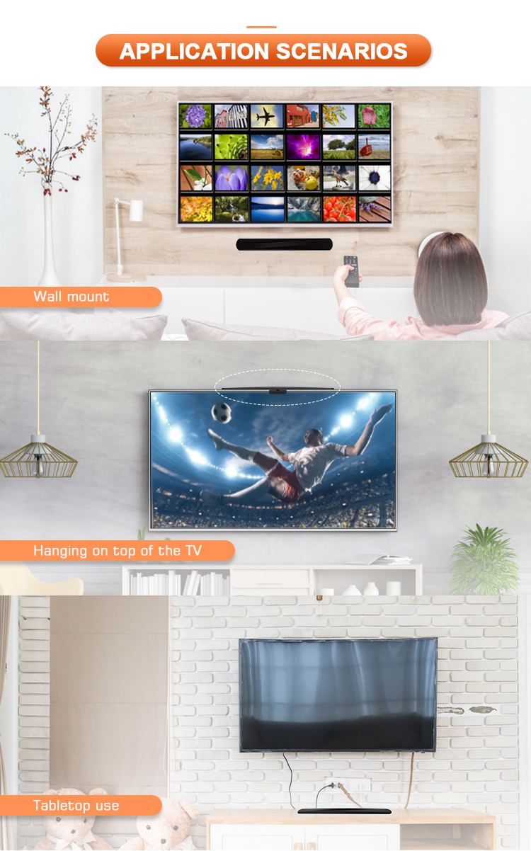 Diagram showing various installation scenarios including wall mount, TV top, and tabletop use.