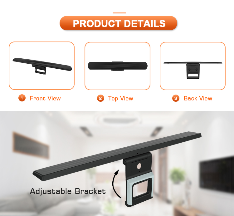Front, top, and back views of the antenna highlighting the adjustable bracket.