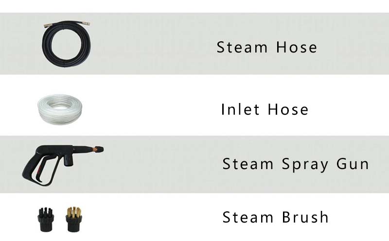Included accessories for steam cleaner including hoses and brushes