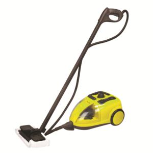 Yellow steam cleaner with floor cleaning attachment
