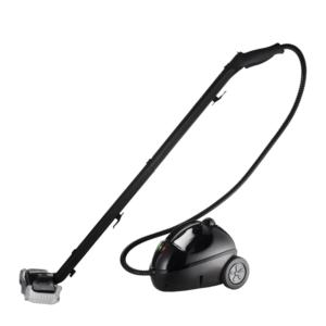 Black canister steam cleaner with wheels
