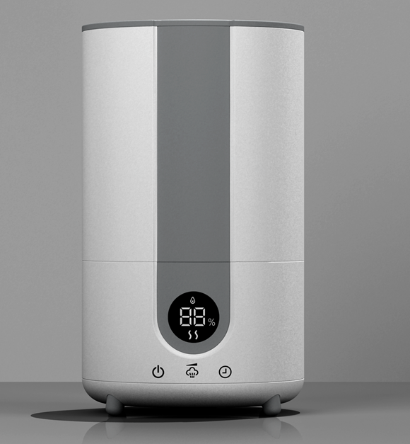 Steam humidifier with digital display showing humidity percentage