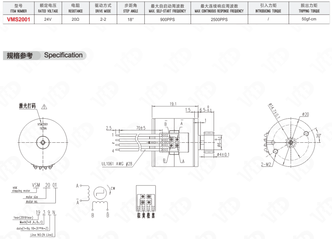 Technical specification chart for VSM20 stepper motor