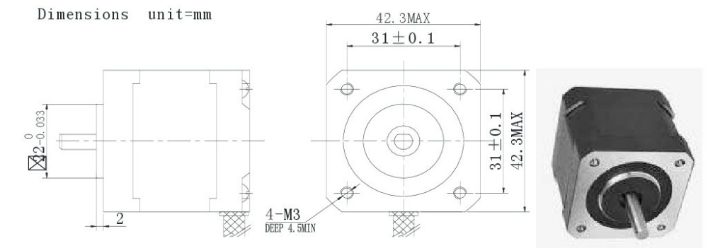 Technical line drawing and dimensions of the 42HS stepper motor