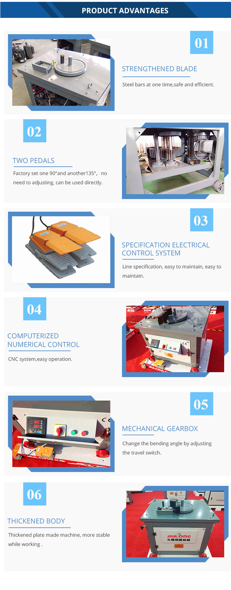 Detailed technical advantages of the CNC stirrup bender highlighting mechanical gearbox and pedal controls.
