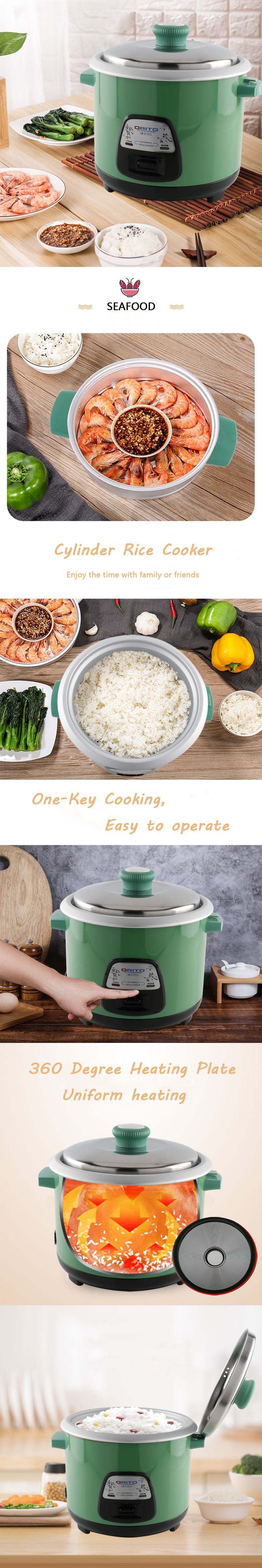Cylindrical rice cooker showcasing 360-degree heating technology