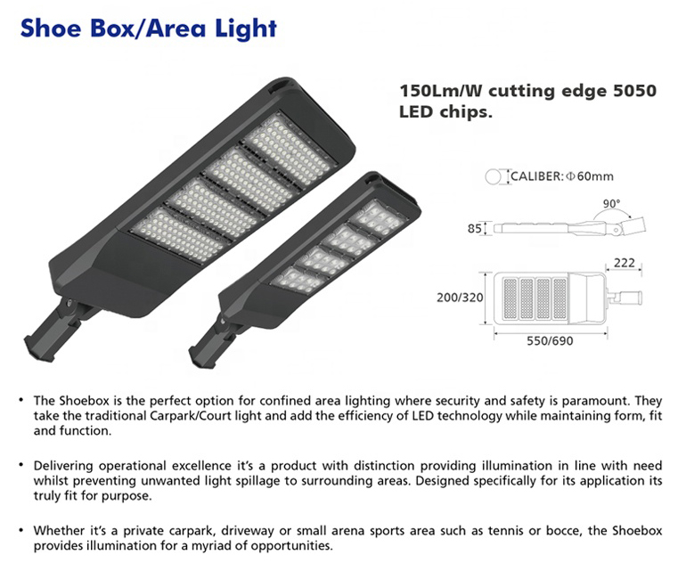 Shoebox LED area light detailed dimensions and design features