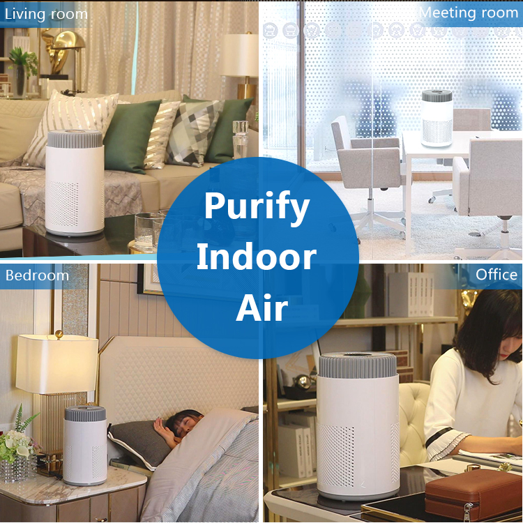 Air purifier in office and living room settings