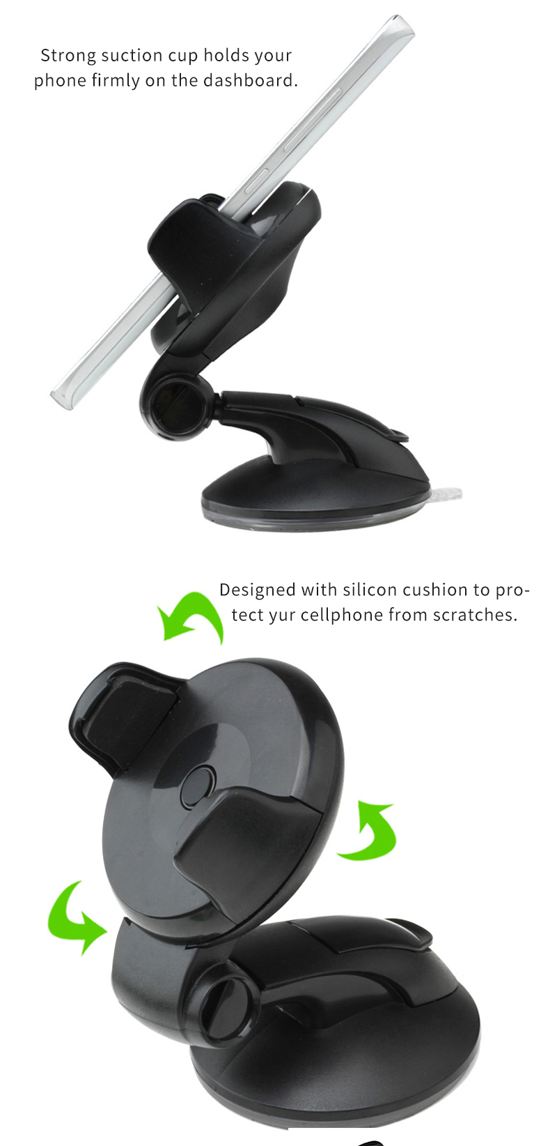 Suction cup phone holder showing silicon cushion and dashboard mounting