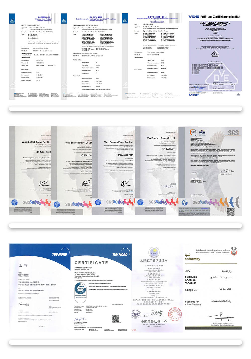 Certifications and standard compliance documentation for solar modules