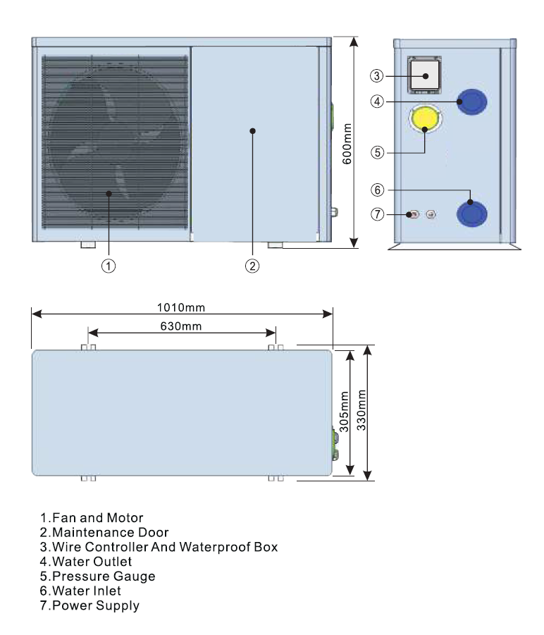 Technical diagram of swimming pool heat pump dimensions and components
