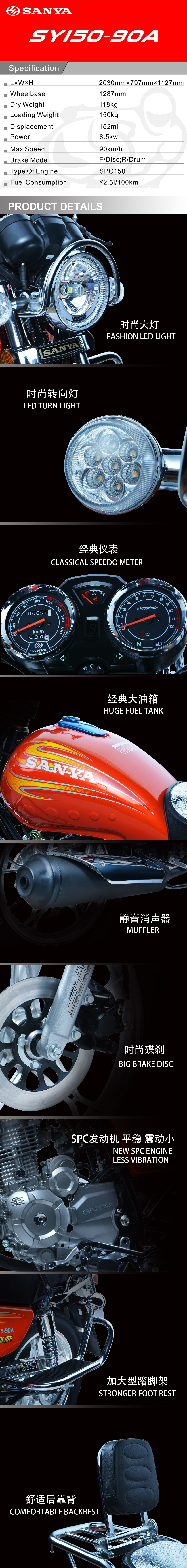 Technical specification infographic for the 125cc motorcycle
