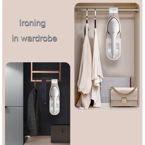 Steamer being used on hanging garment