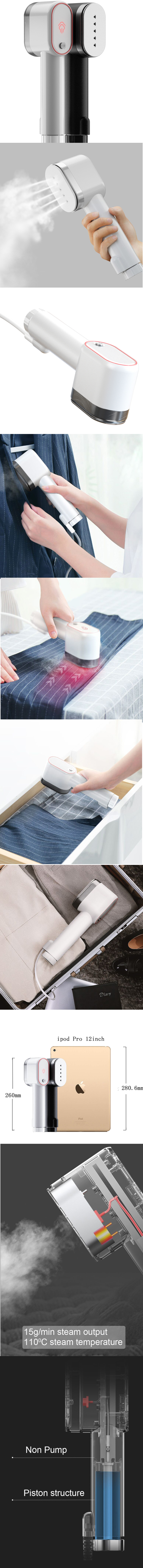 Infographic showing the compact size and piston structure of the garment steamer