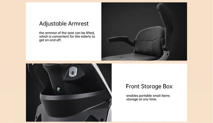 Adjustable armrests and front storage box