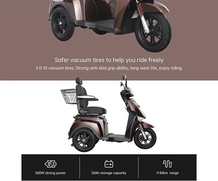 Detail view of 3.0-10 vacuum tires on the mobility scooter
