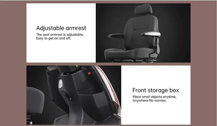 Scooter comfort features showing adjustable armrests and front storage