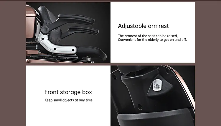 Scooter seat with adjustable armrests and storage box
