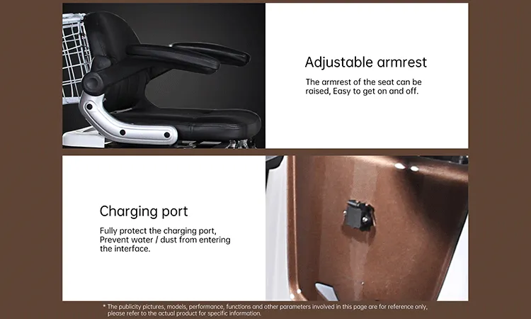 Detailed view of adjustable armrests and charging port
